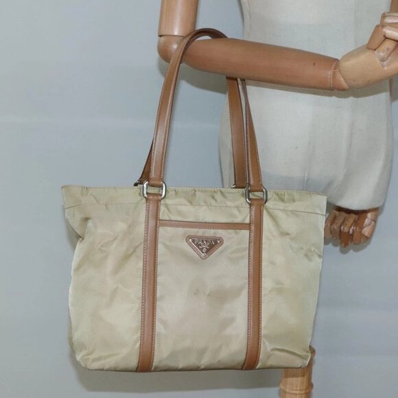PRADA Tote Bag Nylon Beige Silver Auth 131176 - Picture 3 of 16